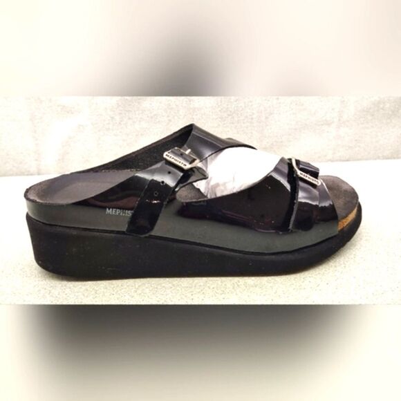 Mephisto Black Patent Strappy Wedge Heel Sandals Sz 9 Shoes - Picture 6 of 16